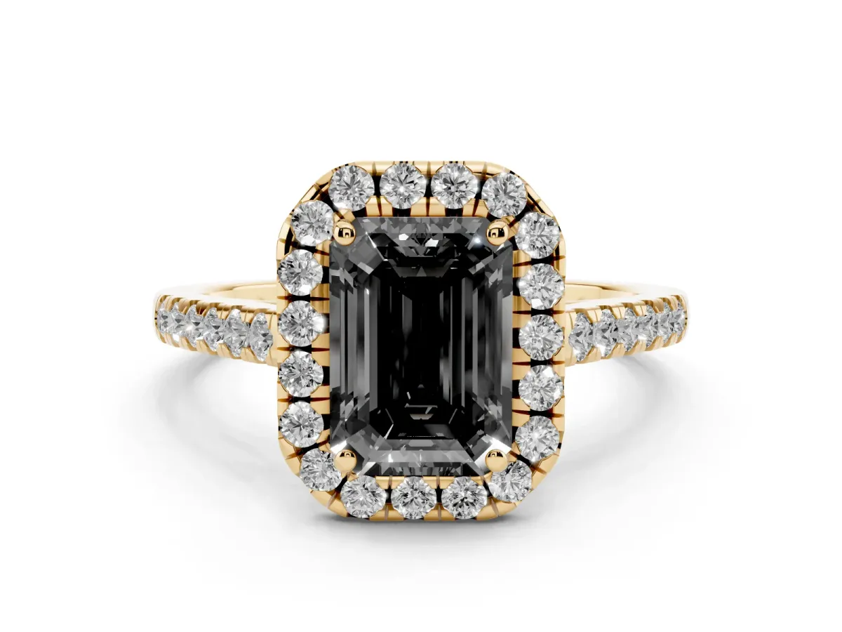 Fancy Black Emerald Cut Halo Pave Diamond Engagement Ring with Four-Prong Setting Yellow gold