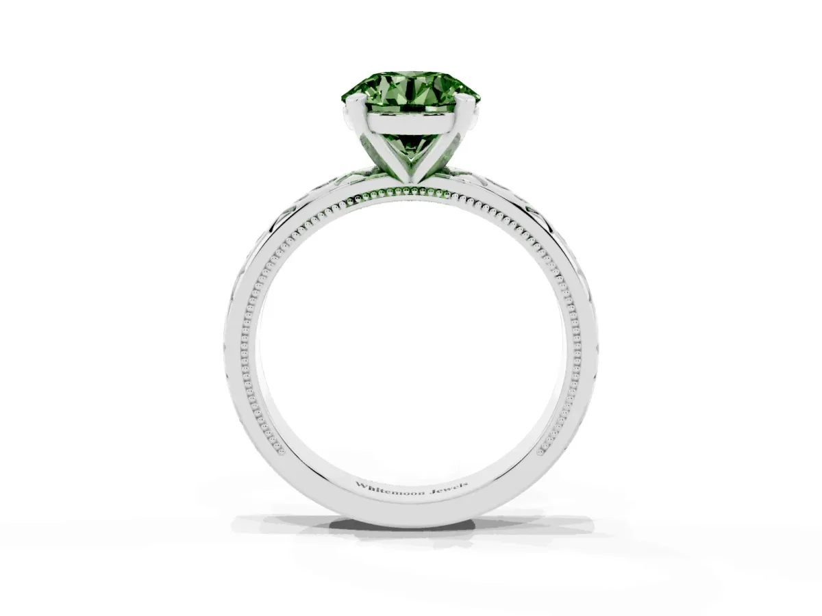 Fancy Green Round Cut Solitaire Engagement Ring with Scrollwork Band and Four-Prong Setting Silver