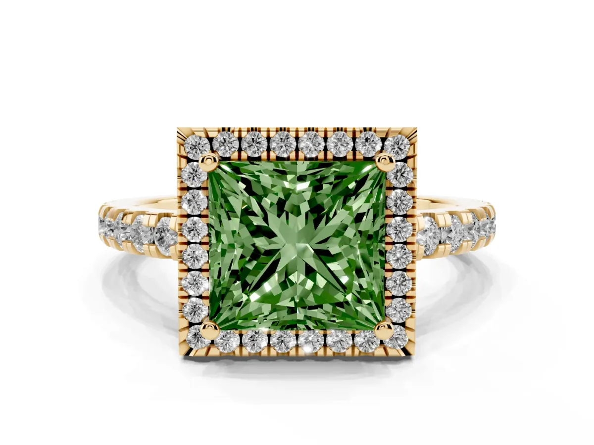Fancy Green Princess Cut Diamond Halo Ring with Pavé Band and Four-Prong Setting Yellow gold