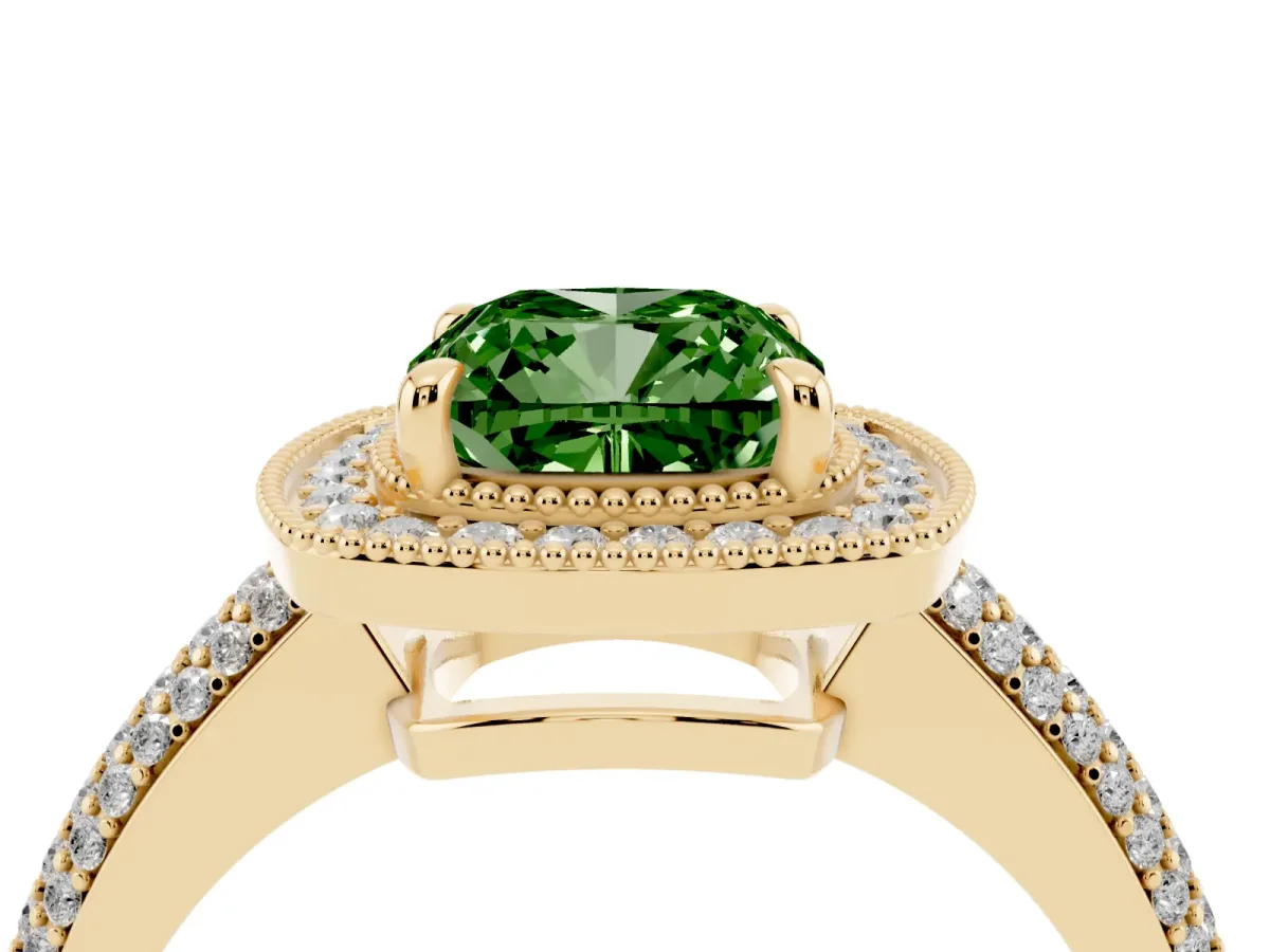 Fancy Green Cushion Cut Cut Halo Diamond Pave Band with Four-Prong Setting Yellow gold