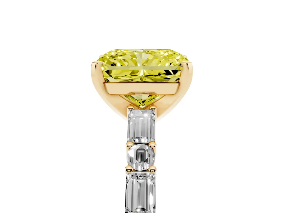 Fancy Yellow Radiant Cut Diamond Solitaire with Side Baguettes and Channel Set Band Yellow gold