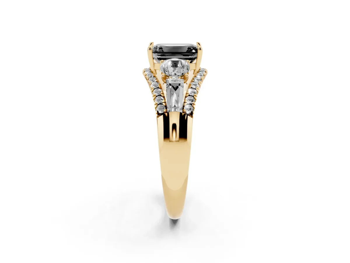 Fancy Black Three-Stone Emerald Cut Diamond Engagement Ring with Pave Band and Prong Setting Yellow gold