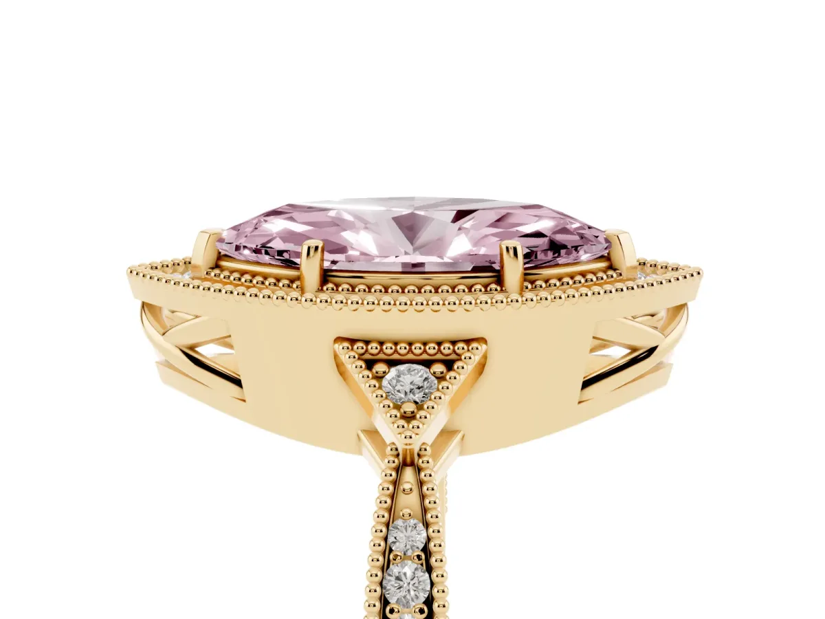 Fancy Pink Marquise Cut Halo Round Diamond Milgrain Pave Engagement Ring Yellow gold