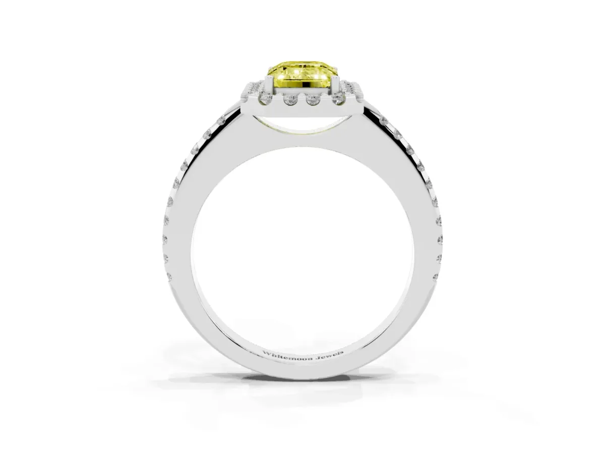 Fancy Yellow Emerald Cut Diamond Pavé Halo Ring with Four-Prong Setting Silver