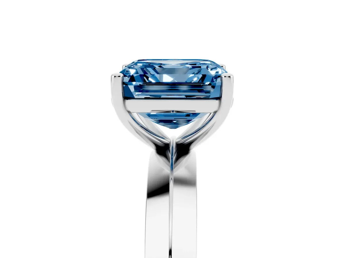 Fancy Blue Asscher Cut Cut Solitaire Engagement Ring with Flat Band and Four-Prong Setting Silver