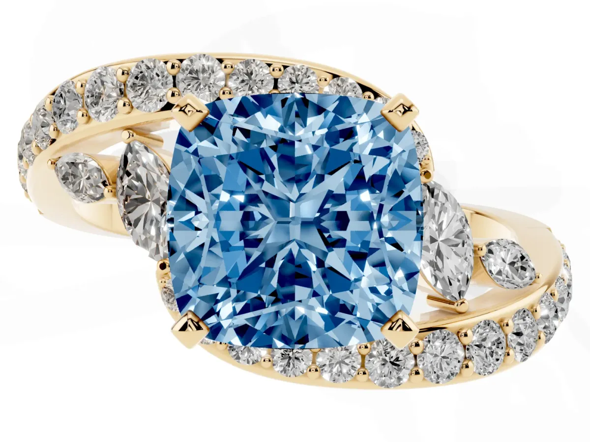 Fancy Blue Cushion Cut Diamond Solitaire Ring with Filigree Band and Four-Prong Setting Yellow gold