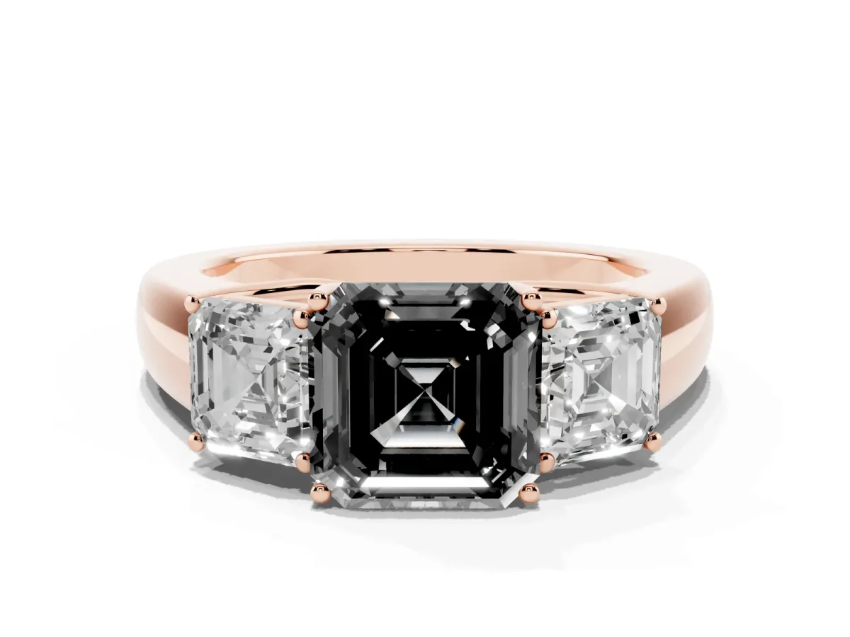 Fancy Black Three-Stone Asscher Cut Cut Diamond Ring with Prong Setting and Classic Band Rose gold