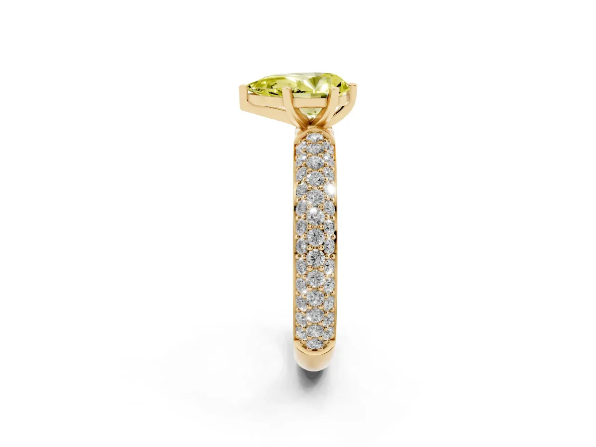 Fancy Yellow Pear Cut Diamond Solitaire Ring with Prong Setting and Pavé Band Yellow gold