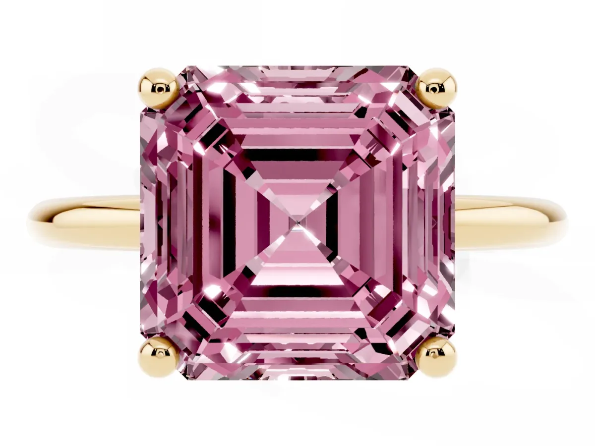 Fancy Pink Asscher Cut Solitaire Diamond Ring with 4-Prong Setting on a Classic Band Yellow gold
