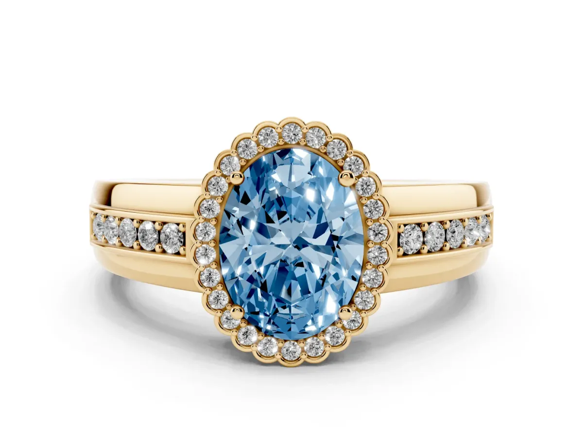 Fancy Blue Oval Cut Cut Halo Pave Band Four-Prong Ring Yellow gold