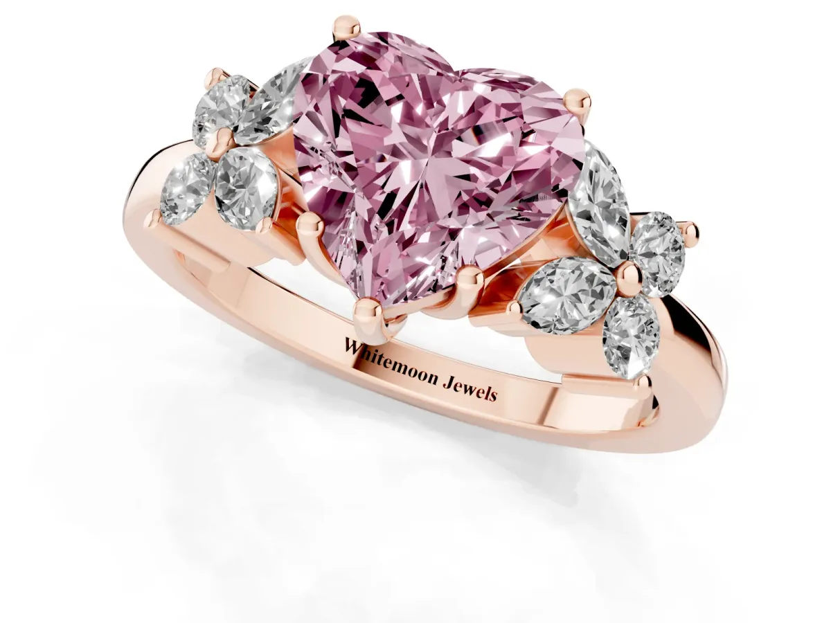 Fancy Pink Heart Cut Diamond Floral Cluster Ring with Solitaire Band and Prong Setting Rose gold