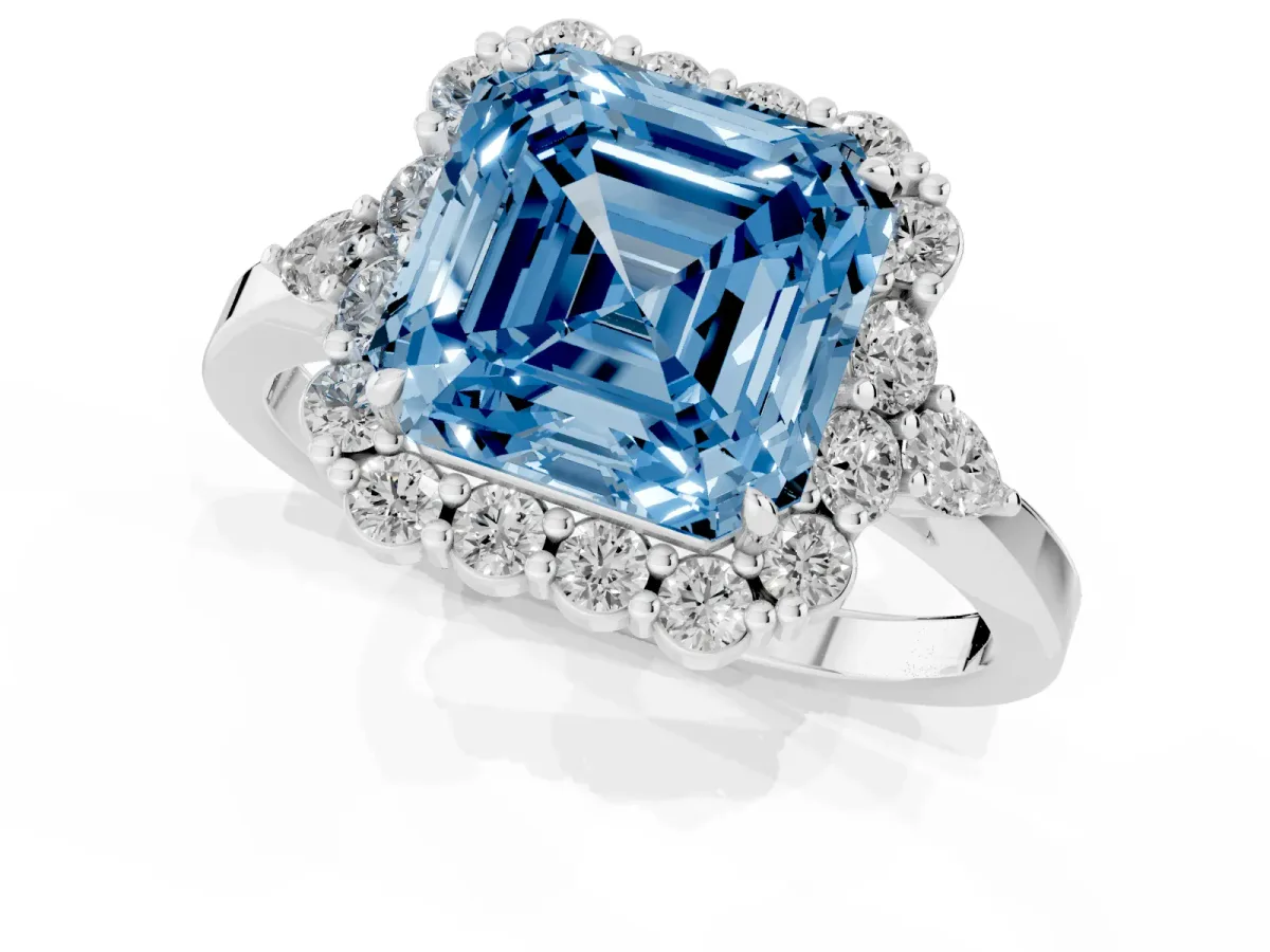 Fancy Blue Asscher Cut Diamond Halo Ring with Pear Side Stones and Prong Setting Silver