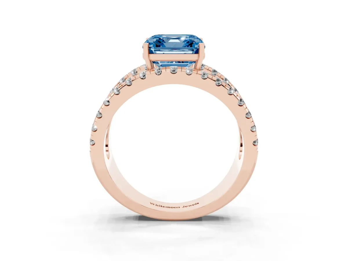 Fancy Blue Asscher Cut Solitaire Split Shank Pave Diamond Ring Rose gold