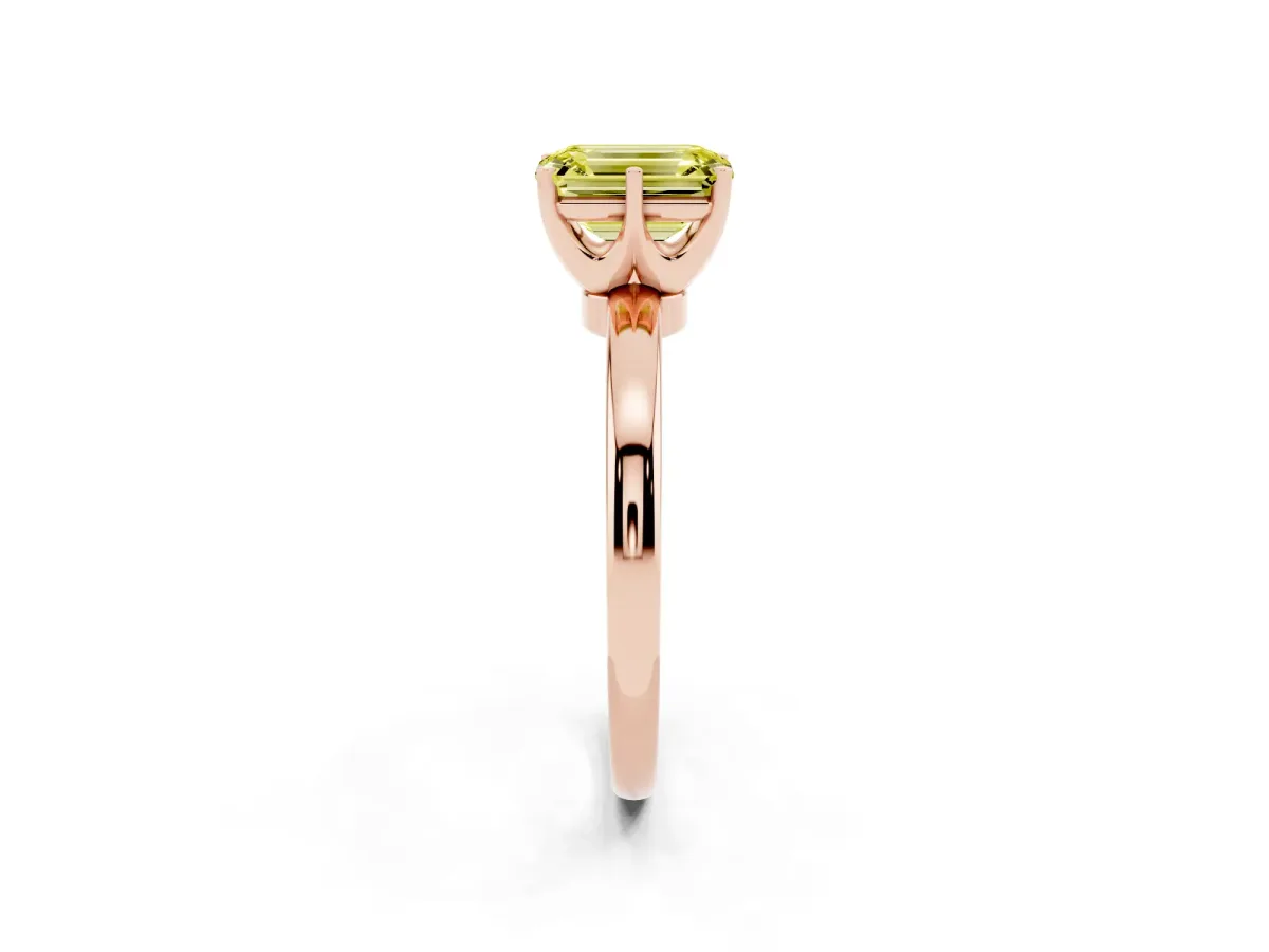 Fancy Yellow Emerald Cut Solitaire Diamond Ring with Six-Prong Setting on a Classic Band Rose gold