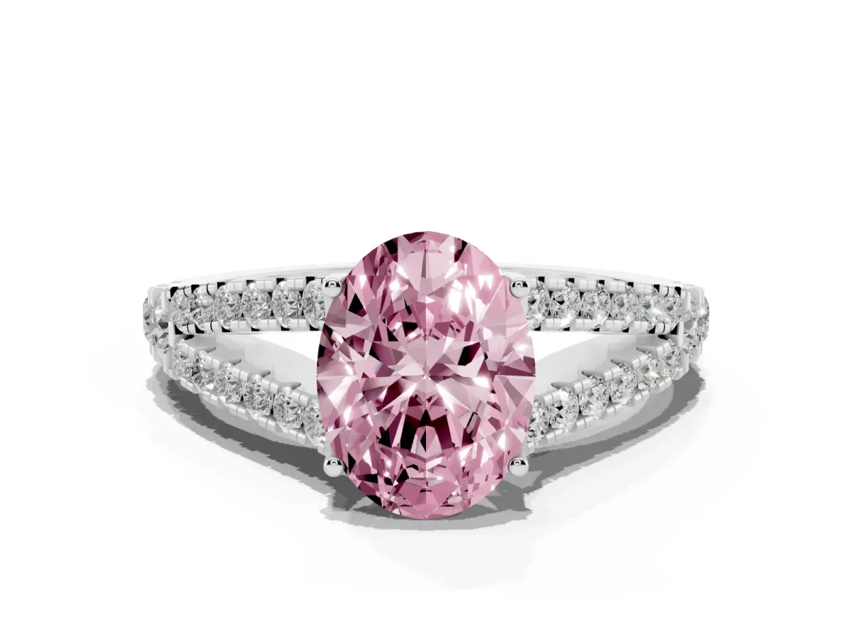 Fancy Pink Oval Cut Diamond Split Shank Engagement Ring with Round Pavé and Prong Setting Silver