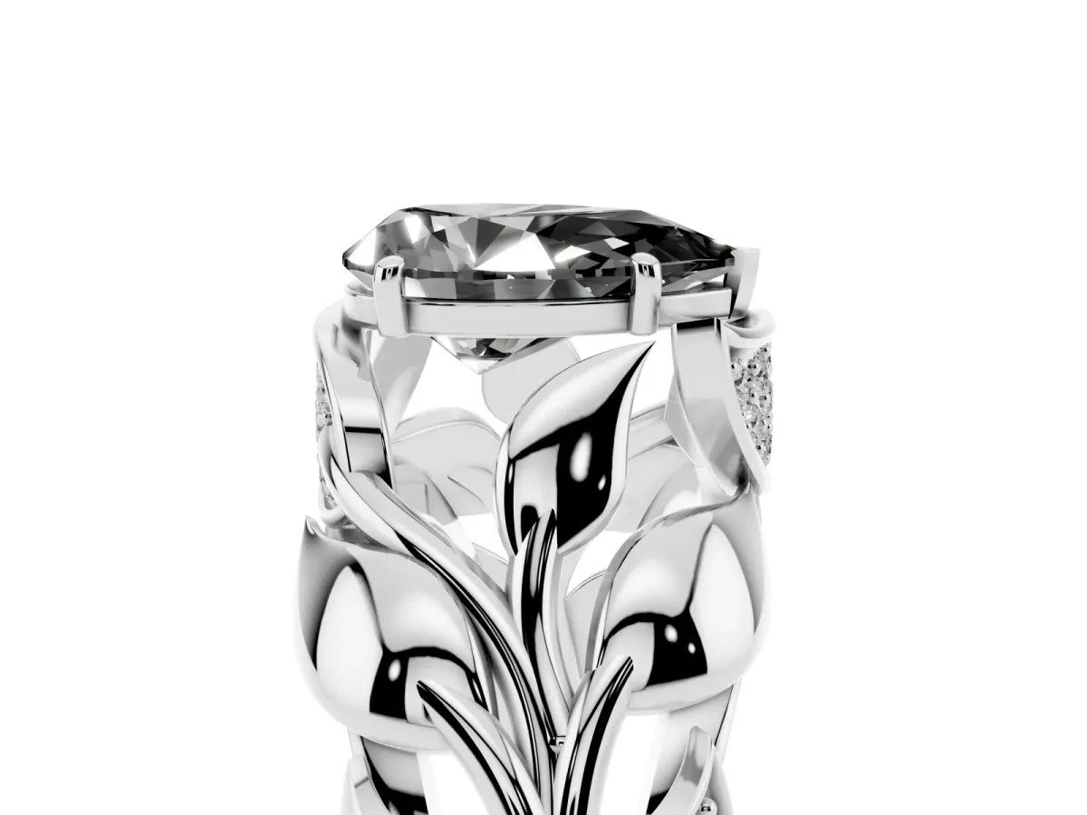 Fancy Black Pear Cut Diamond Leaf-Inspired Engagement Ring with Round Accents and Prong Setting Silver