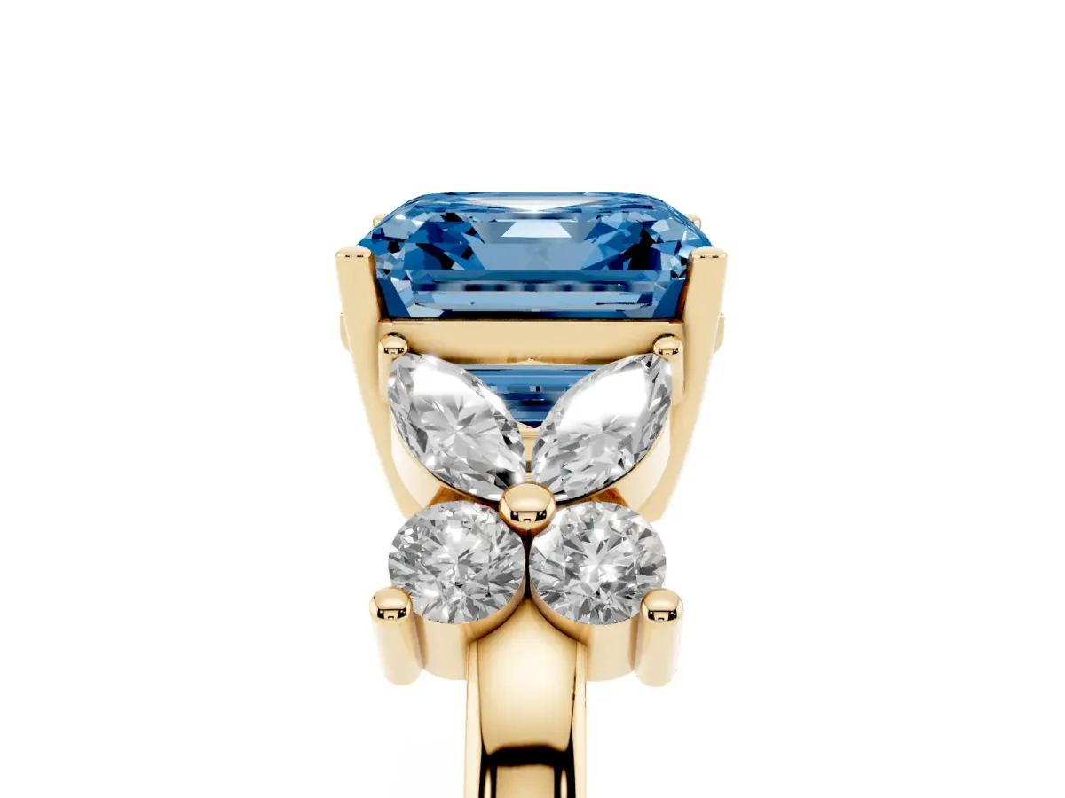 Fancy Blue Asscher Cut Diamond Floral Cluster Ring with Solitaire Band and Prong Setting Yellow gold