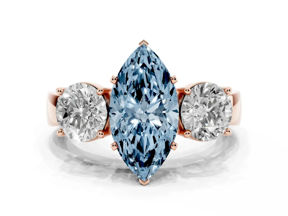 Fancy Blue Three-Stone Marquise Cut Diamond Ring with Round Side Stones, Classic Band, and Four-Prong Setting Rose gold