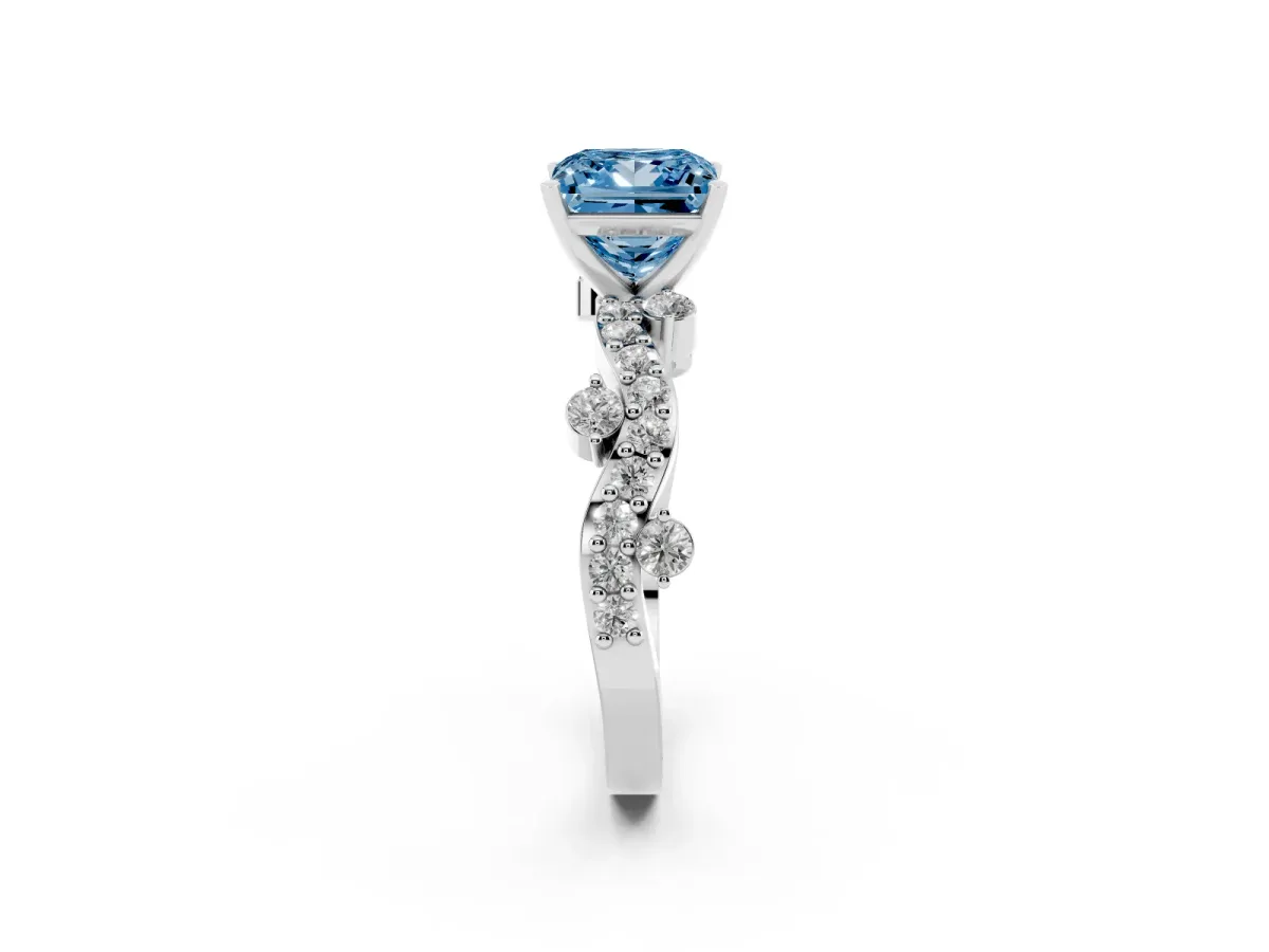 Fancy Blue Princess Cut Cut Solitaire Diamond Twisted Band with Pave Setting Silver
