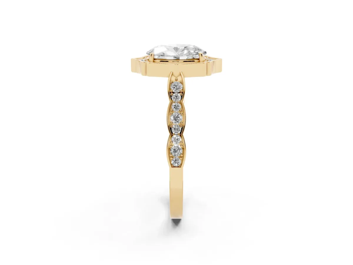 Oval Cut Halo Diamond Engagement Ring with Milgrain Band and Four-Prong Setting Yellow gold