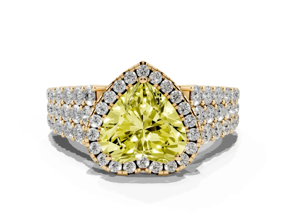 Fancy Yellow Heart Cut Diamond Halo Engagement Ring with Triple Row Round Pavé Band and Prong Setting Yellow gold