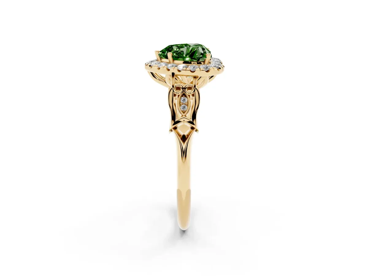 Fancy Green Heart Cut Halo Diamond Engagement Ring with Filigree Band and Four-Prong Setting Yellow gold