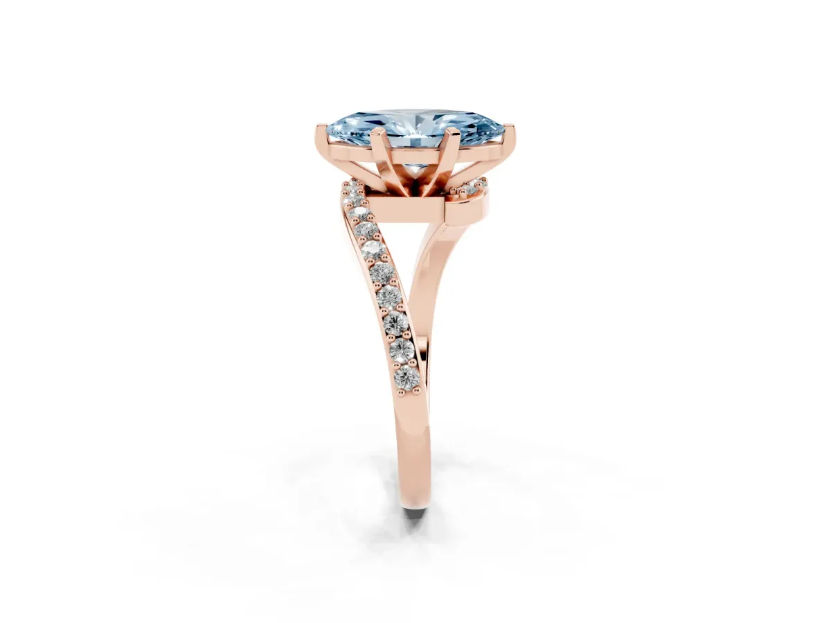 Fancy Blue Marquise Cut Solitaire Twist Band with Pave Set Diamonds and Four-Prong Setting Rose gold