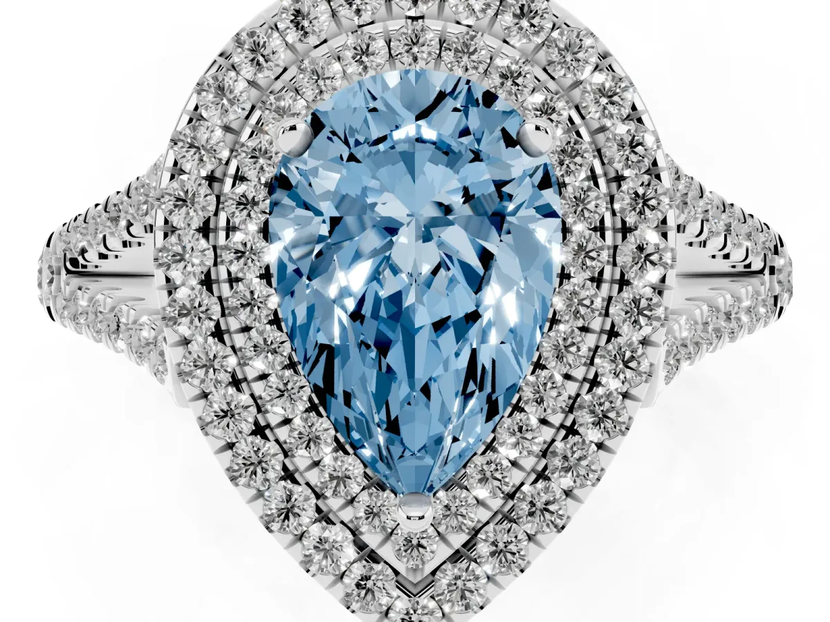 Fancy Blue Pear Cut Diamond Double Halo Ring with Pavé Band and Prong Setting Silver