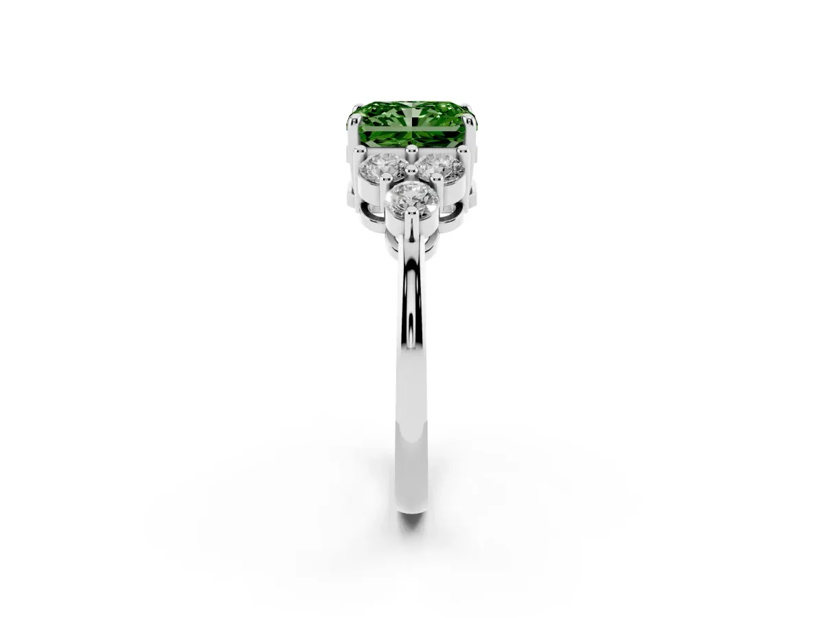 Fancy Green Radiant Cut Brilliant Diamond Cluster Accent Solitaire Ring with Prong Setting Platinum
