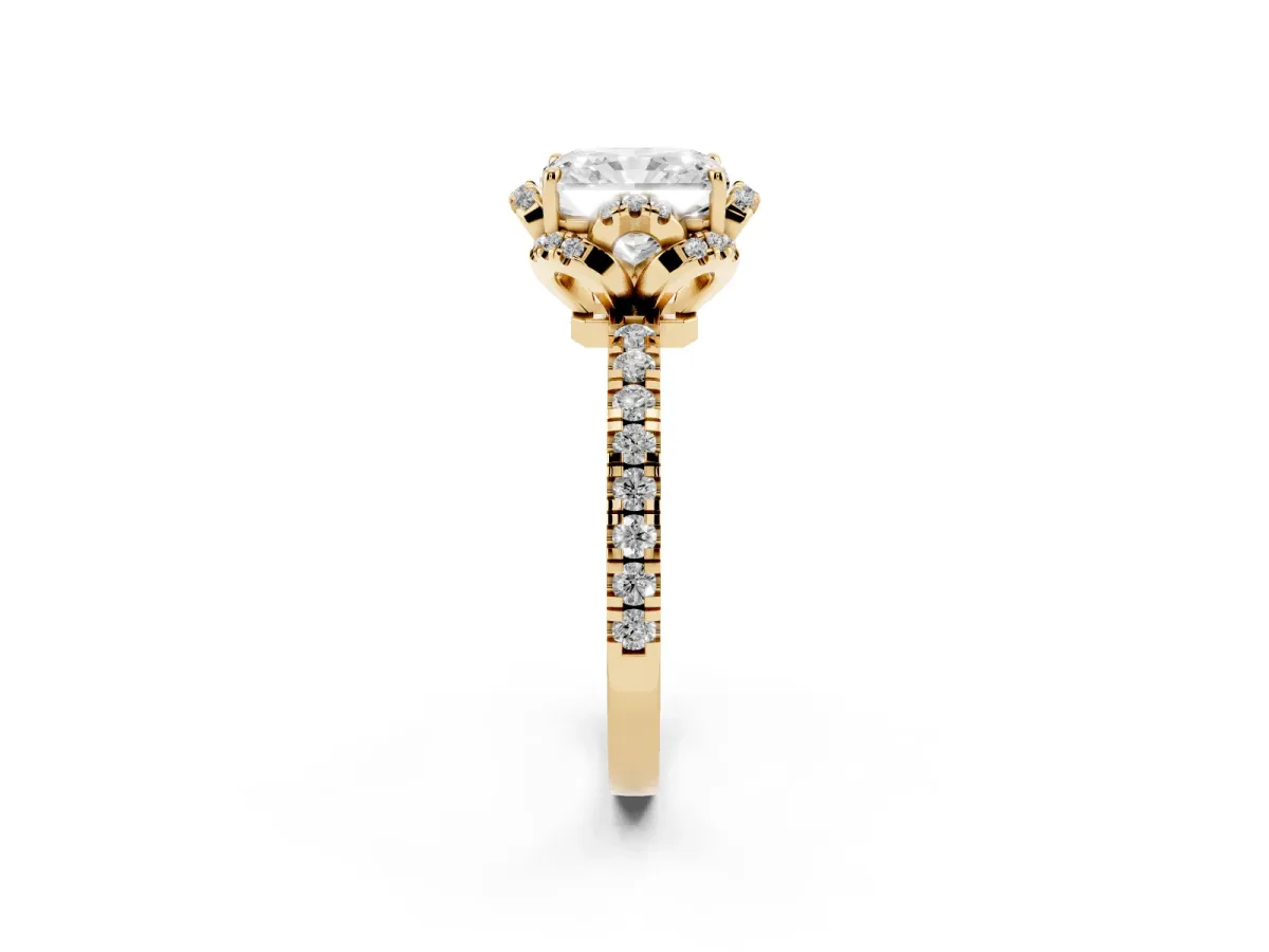 Radiant Cut Halo Diamond Pave Band Ring with Four-Prong Setting Yellow gold