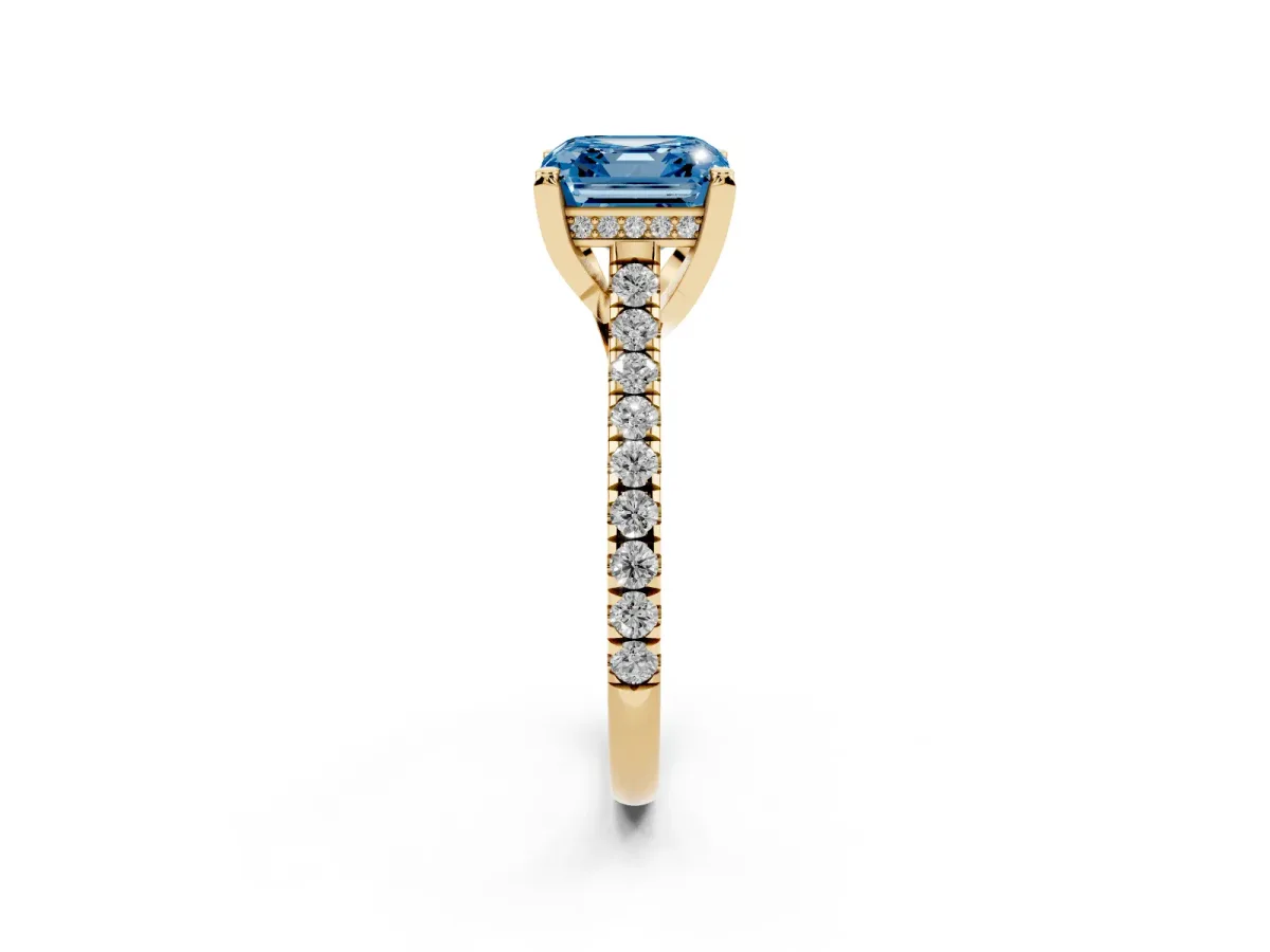 Fancy Blue Asscher Cut Brilliant Diamond Solitaire with Pavé Band and Four-Prong Setting Yellow gold