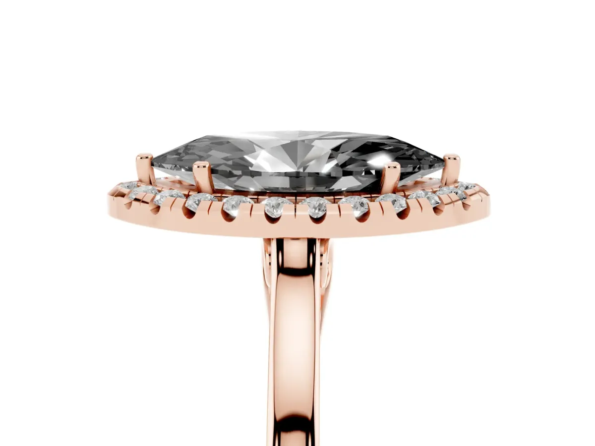 Fancy Black Marquise Cut Halo Round Diamond Solitaire Ring with Pavé Band and Four-Prong Setting Rose gold