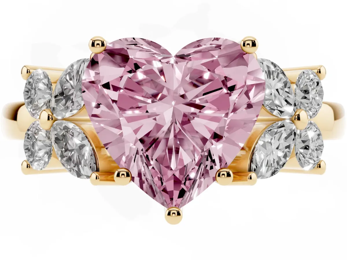 Fancy Pink Heart Cut Diamond Floral Cluster Ring with Solitaire Band and Prong Setting Yellow gold