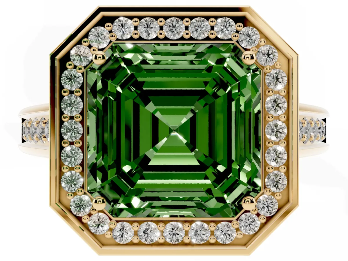 Fancy Green Asscher Cut Halo Solitaire Diamond Ring with Pave Band and Bezel Setting Yellow gold