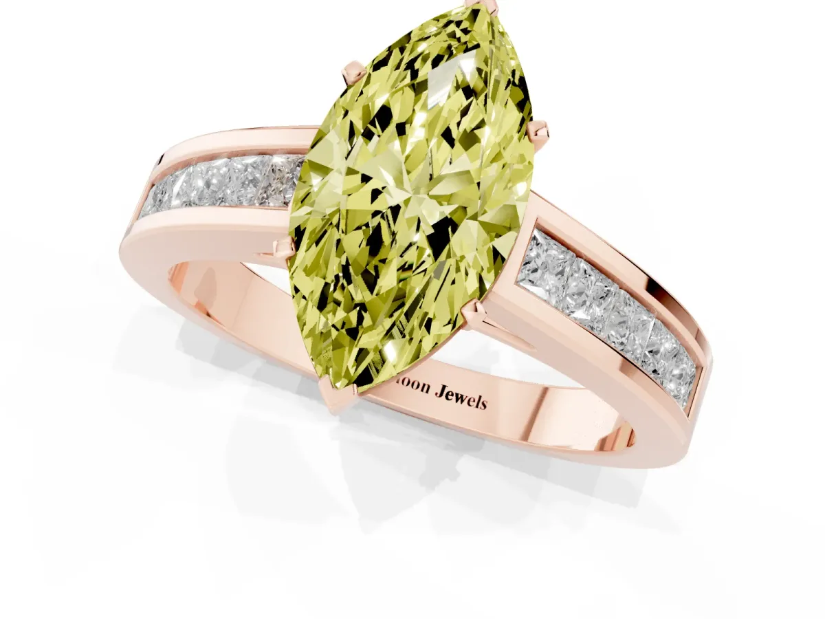 Fancy Yellow Marquise Cut Solitaire Diamond Ring with Channel-Set Band and Four-Prong Setting Rose gold