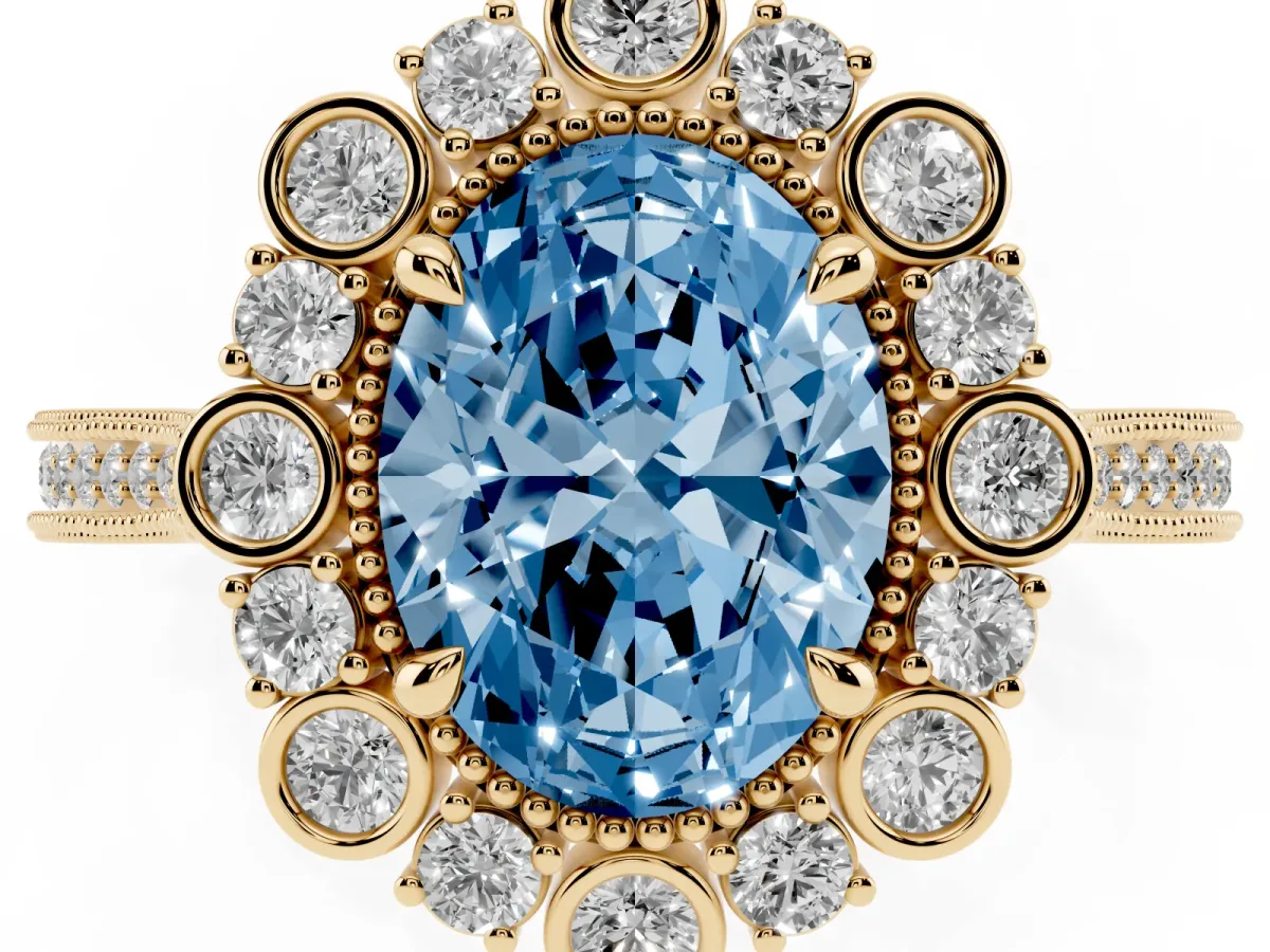 Fancy Blue Oval Cut Halo Milgrain Pave Diamond Ring with Four-Prong Setting Yellow gold