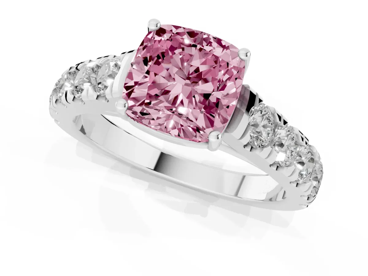 Fancy Pink Cushion Cut Cut Diamond Solitaire Ring with Micro Pave Band and Prong Setting Silver