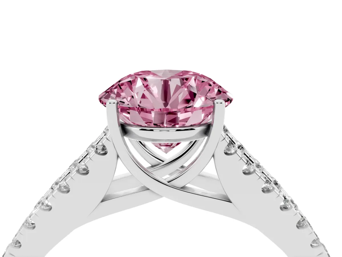 Fancy Pink Round Cut Diamond Split Shank Pavé Engagement Ring with Four-Prong Setting White gold