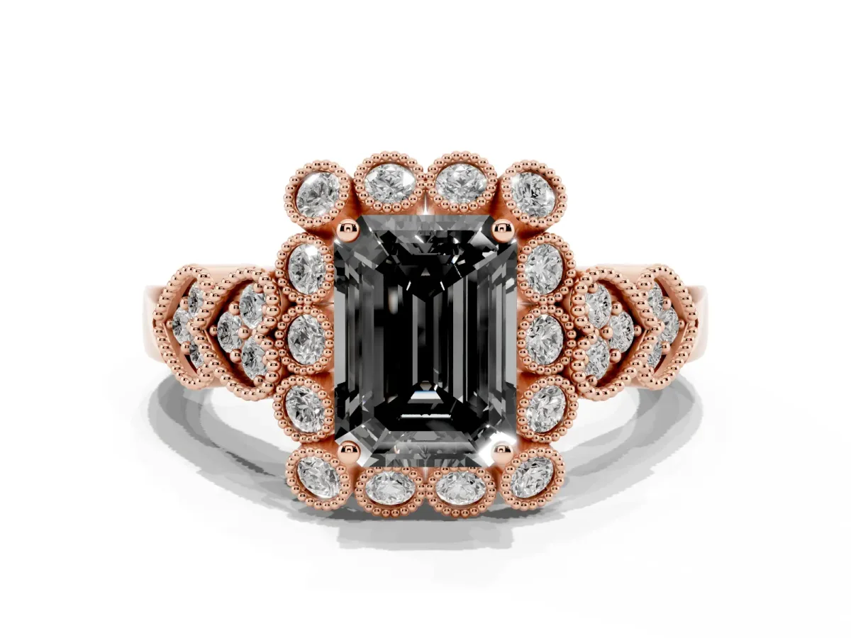 Fancy Black Emerald Cut Brilliant Milgrain Pave Heart Band Solitaire Ring Rose gold
