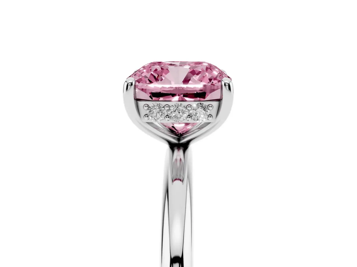 Fancy Pink Cushion Cut Solitaire Diamond Ring with a Classic Band and Four-Prong Setting Silver