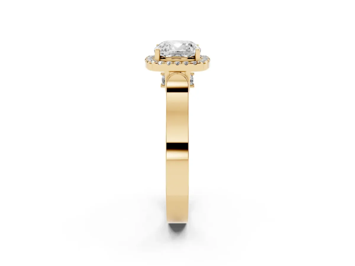Cushion Cut Halo Pave Split Shank Prong Setting Ring Yellow gold