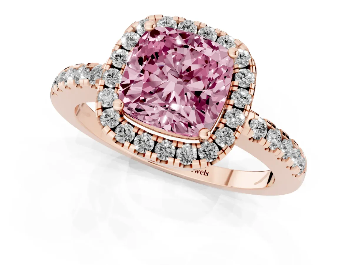 Fancy Pink Cushion Cut Halo Diamond Engagement Ring with Pavé Band and Four-Prong Setting Rose gold