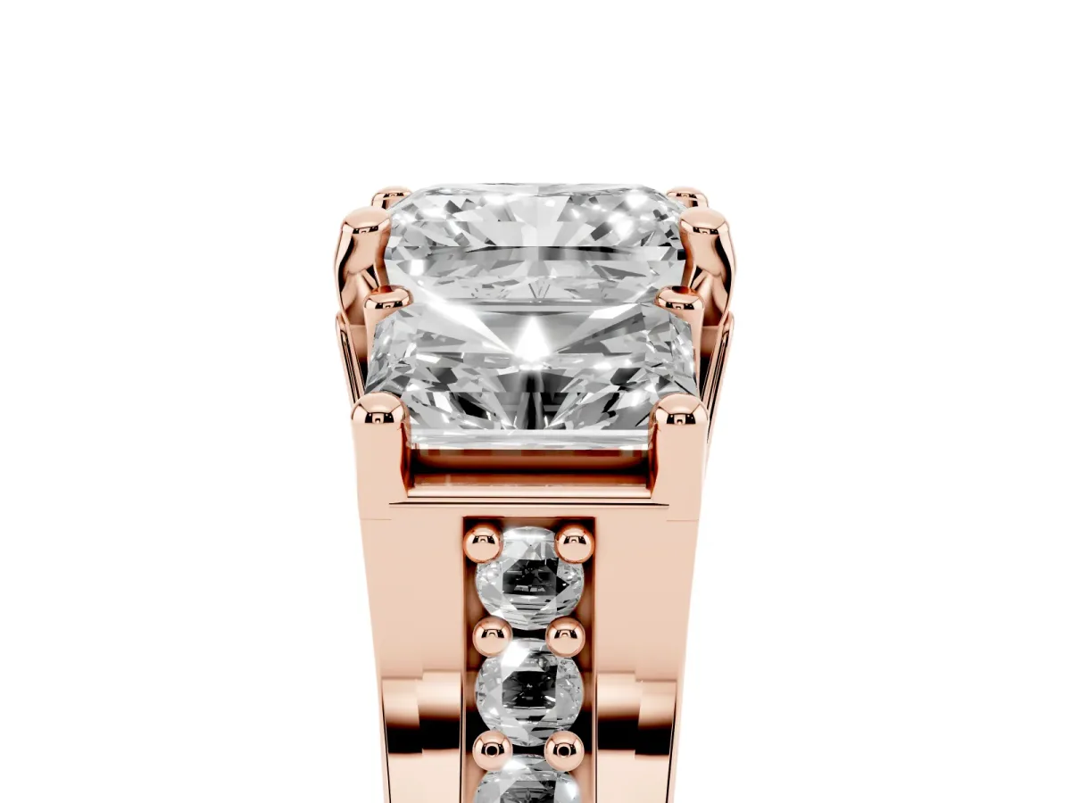 Radiant Cut Diamond Three-Stone Ring with Channel Set Band and Four-Prong Setting Rose gold
