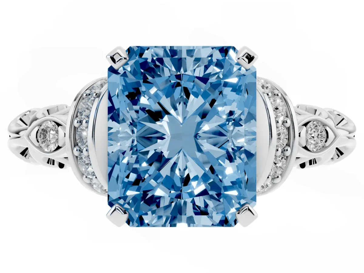 Fancy Blue Radiant Cut Diamond Solitaire Ring with Filigree Band and Four-Prong Setting Silver