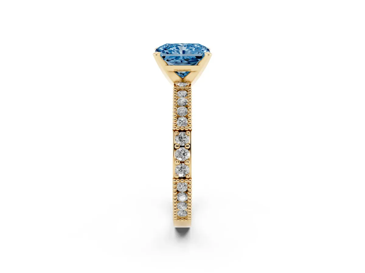 Fancy Blue Radiant Cut Solitaire with Pavé Band and Four-Prong Setting Yellow gold
