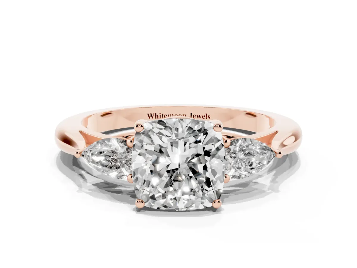 Three-Stone Cushion Cut Brilliant Diamond Solitaire Ring with Tapered Band and Four-Prong Setting Rose gold