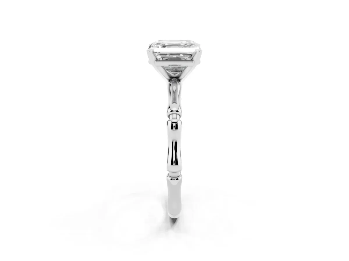 Asscher Cut Solitaire Diamond Ring with Bamboo Band and Four-Prong Setting Silver