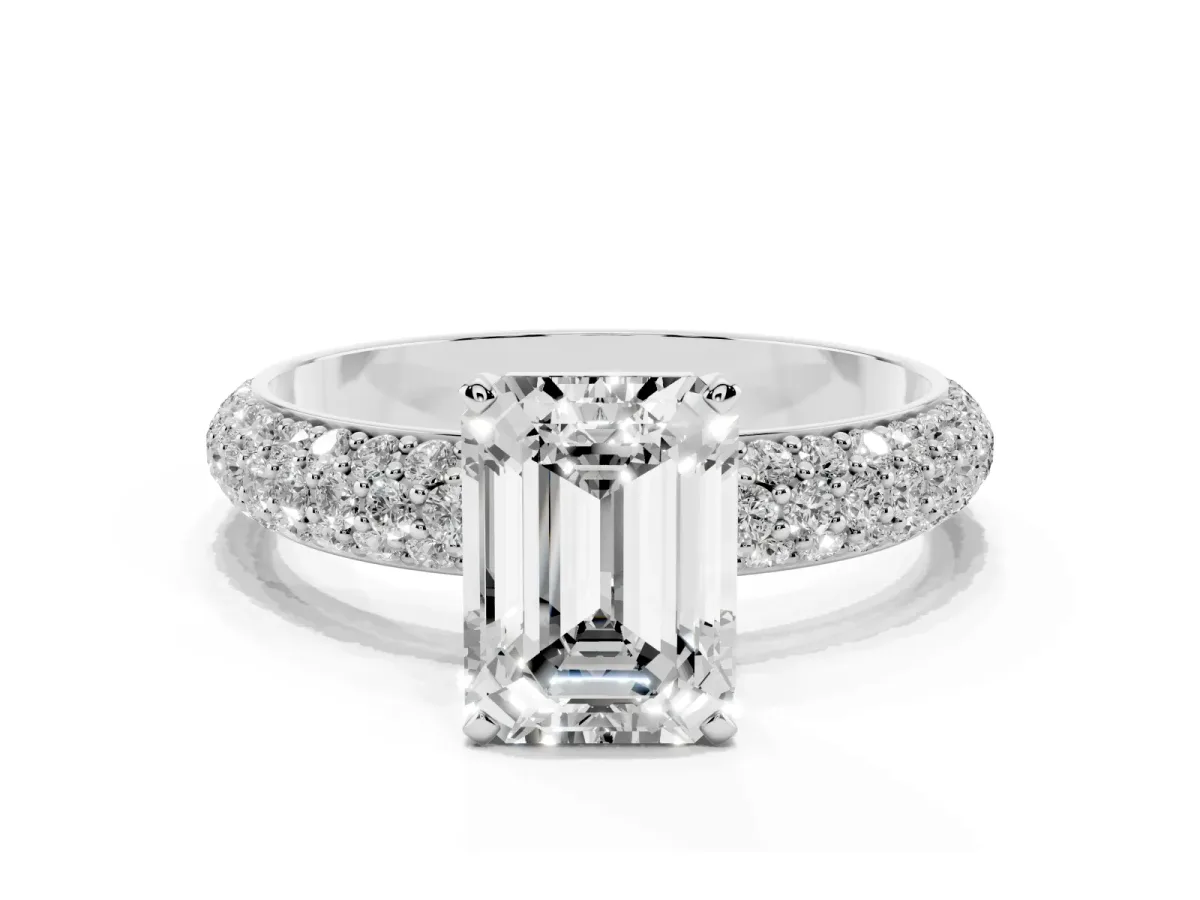 Emerald Cut Diamond Solitaire Ring with Prong Setting and Pavé Band Silver