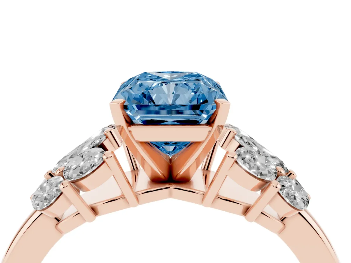 Fancy Blue Radiant Cut Diamond Cluster Leaf Design Ring with Prong Setting Rose gold