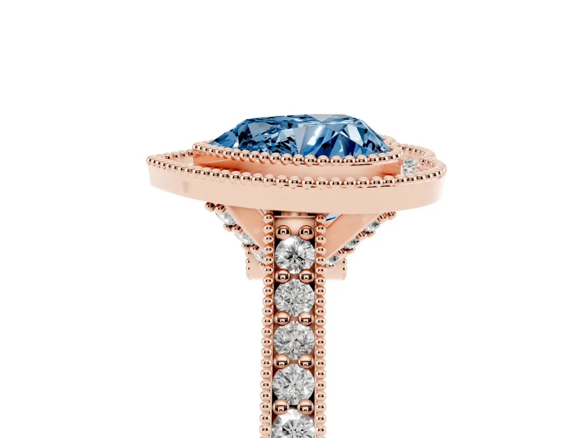 Fancy Blue Halo Heart Cut-Cut Diamond Pave Band Milgrain Prong Setting Ring Rose gold